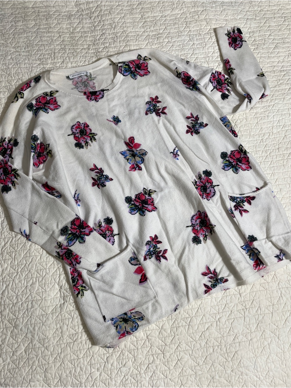 Staccato White Scoop Neck Sweater with Pink Floral Print